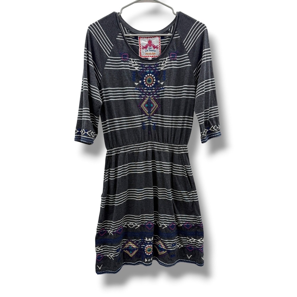 Johnny Was JW Los Angeles‎ Embroidered Dress Womens S Gray Stripe Boho Pockets